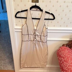 Beige Halter Mini Dress with Black Trim